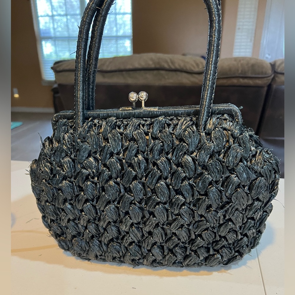 Vintage 70s Elegant Navy Blue Woven Handbag